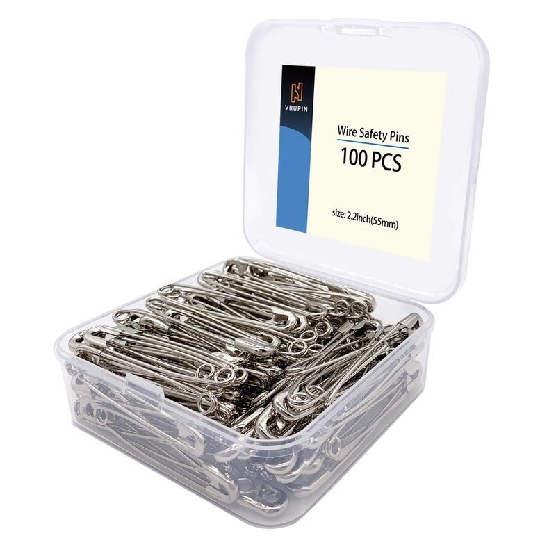 vrupin 100PCS-2.2In Safety Pins,Stainless Steel Safety Pins,Safety Pins Bulk Metal Silver Sewing Pins Clothing Clips Tool 55mm Decorative Safety pins - Image 1